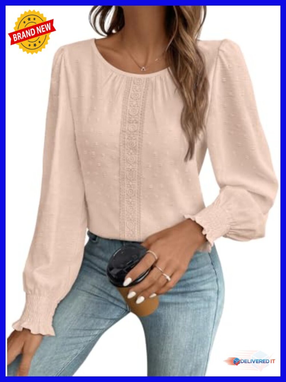 Dressy Casual Long Sleeve Swiss Dot Blouse Crochet Lace Boho Top